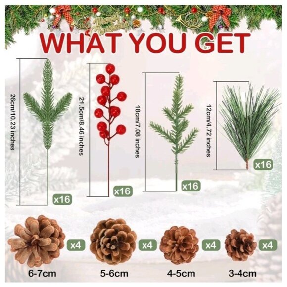 80 PCS Christmas Artificial Pine Needles Branches and Red Berry Stems with Pine - Picture 2 of 7
